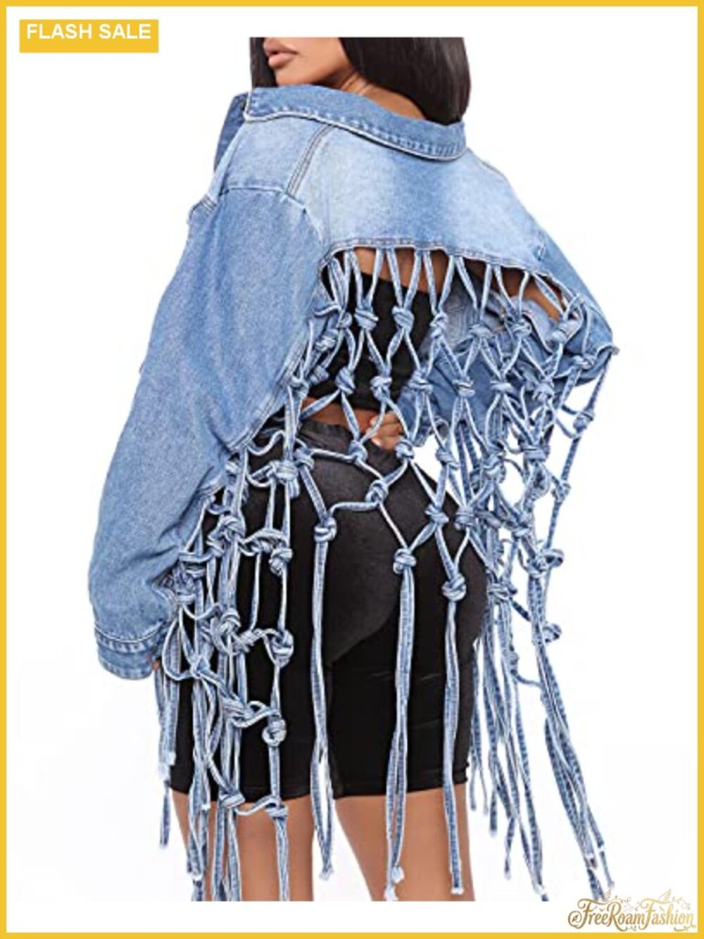 Cropped Fringe Denim Jacket - Distressed Ripped Vintage Button Down Long Puff